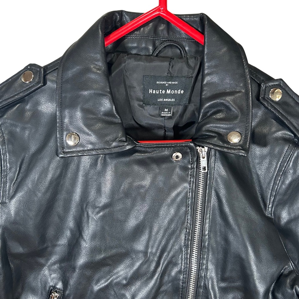 Haute Monde Womens Black Faux Leather Moto Biker Jacket Size M Grunge Biker